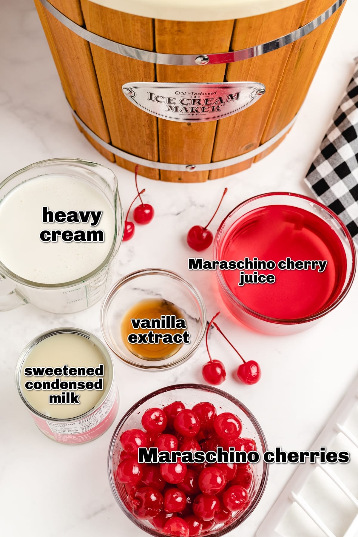 This maraschino cherry ice cream is a creamy cherry ice cream that doesn't need a custard. I just chill the ingredients before freezing them in my ice cream maker, and before I know it, I'm enjoying one of my favorite summer desserts. ingredients