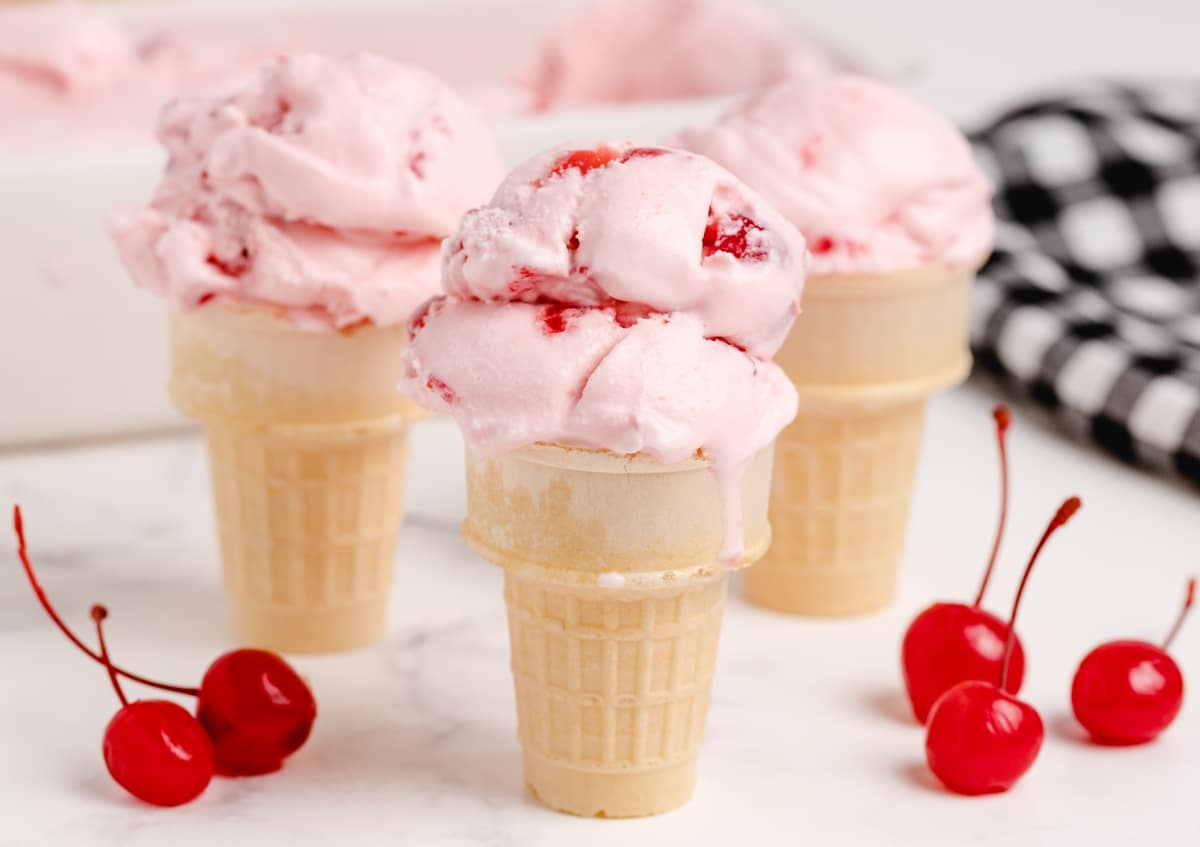 This maraschino cherry ice cream is a creamy cherry ice cream that doesn't need a custard. I just chill the ingredients before freezing them in my ice cream maker, and before I know it, I'm enjoying one of my favorite summer desserts. cherry ice cream