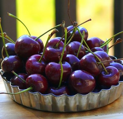 Fresh cherries in a tin bowl.