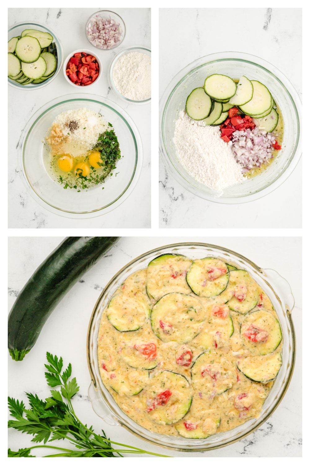 Step-by-step photos showing ingredients, mixing, and batter in pie plate for zucchini biscuit pie