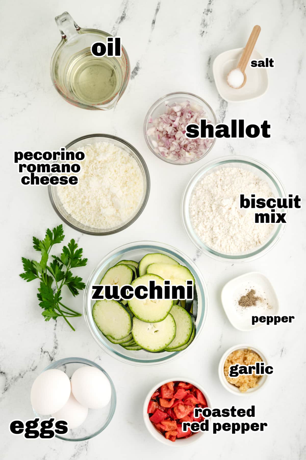 Overhead view of labeled ingredients for savory zucchini bake with biscuit mix, garlic, and pecorino