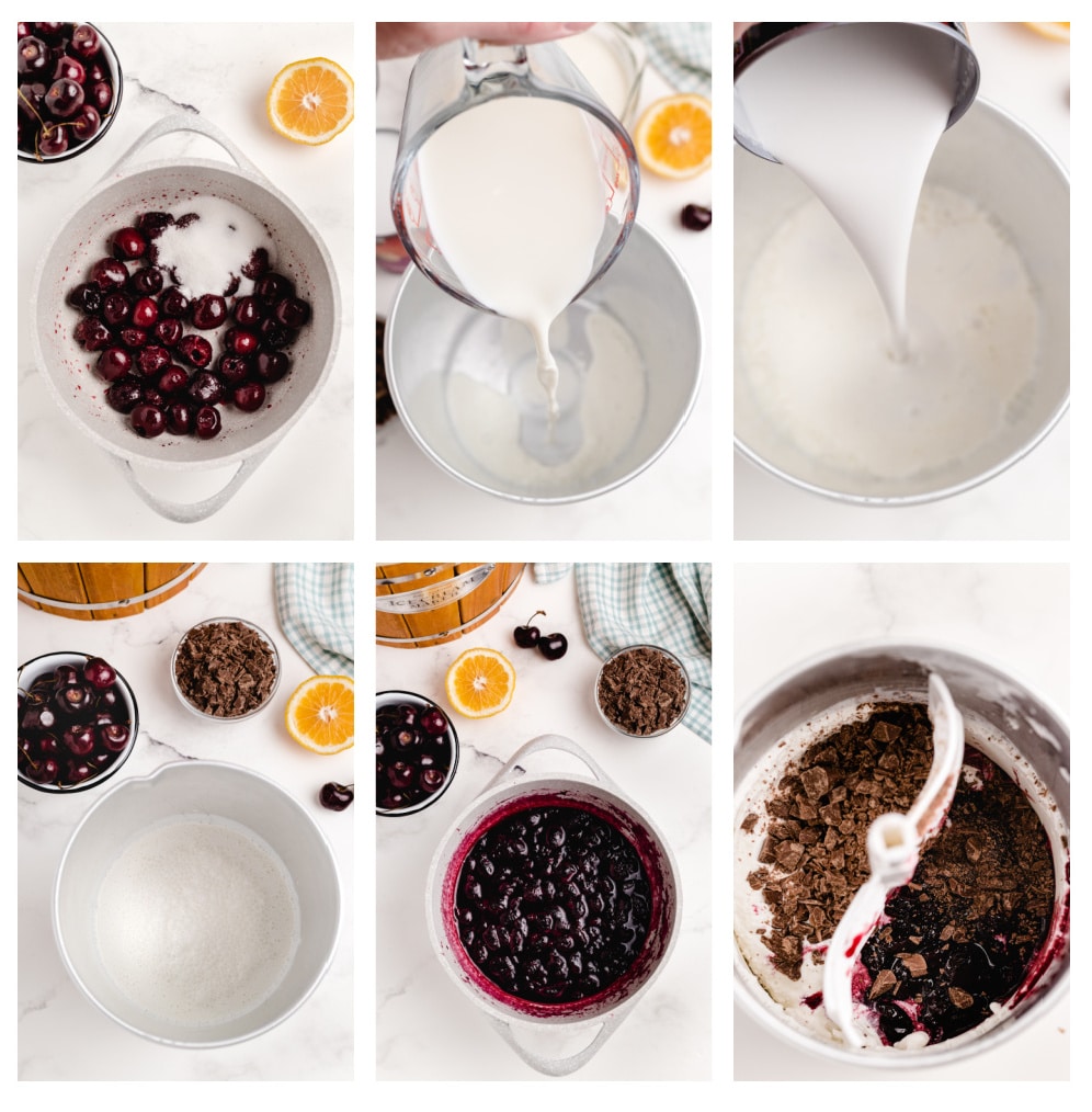 How to Make Fresh Cherry Coconut Chocolate Chip Ice Cream Step-by-step photos for making fresh cherry coconut chocolate chip ice cream, including cooking cherries, mixing the base, and adding chocolate.