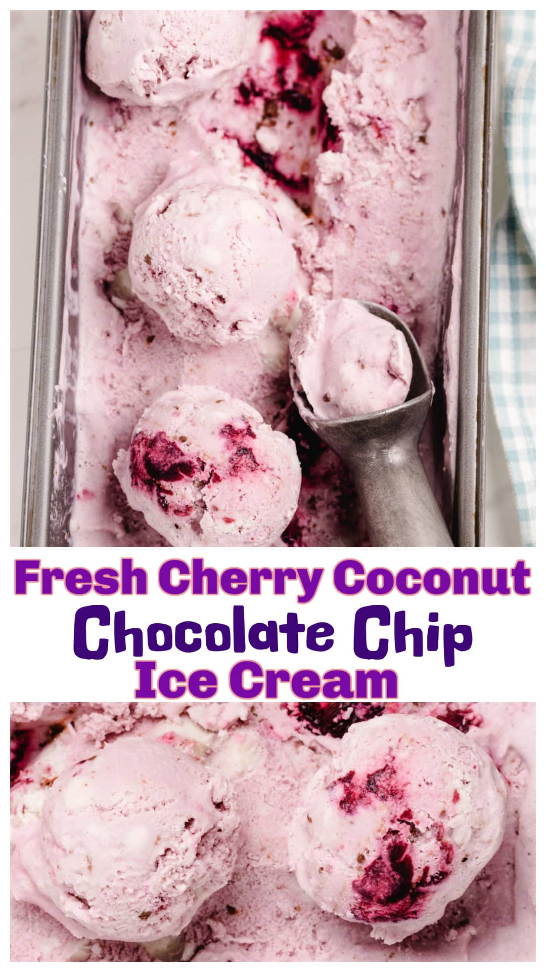 Fresh cherry coconut chocolate chip ice cream made with real cherries, crème of coconut, and chopped chocolate. This no-custard homemade ice cream is smooth, rich, and churned for perfect texture. A dreamy coconut cherry ice cream that’s easy to make and scoop. If you’ve been looking for a cherry chocolate chip ice cream that holds up in the freezer and tastes like summer, this one delivers. via @cmpollak1
