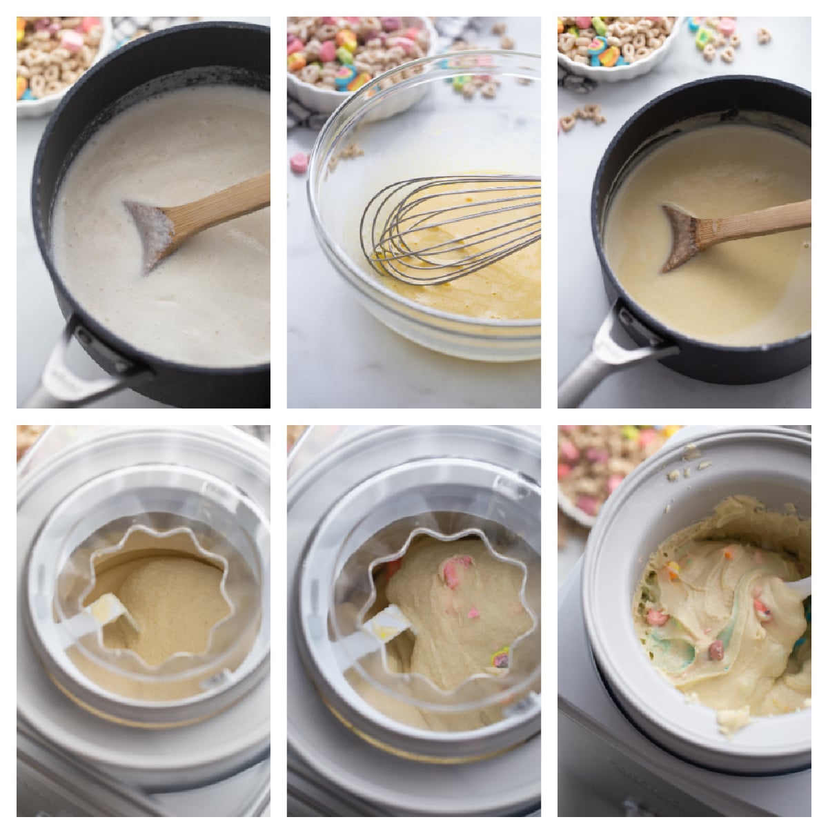 How to make Lucky Charms Ice Cream A step-by-step collage showing the process of making the ice cream custard and churning it in an ice cream maker.