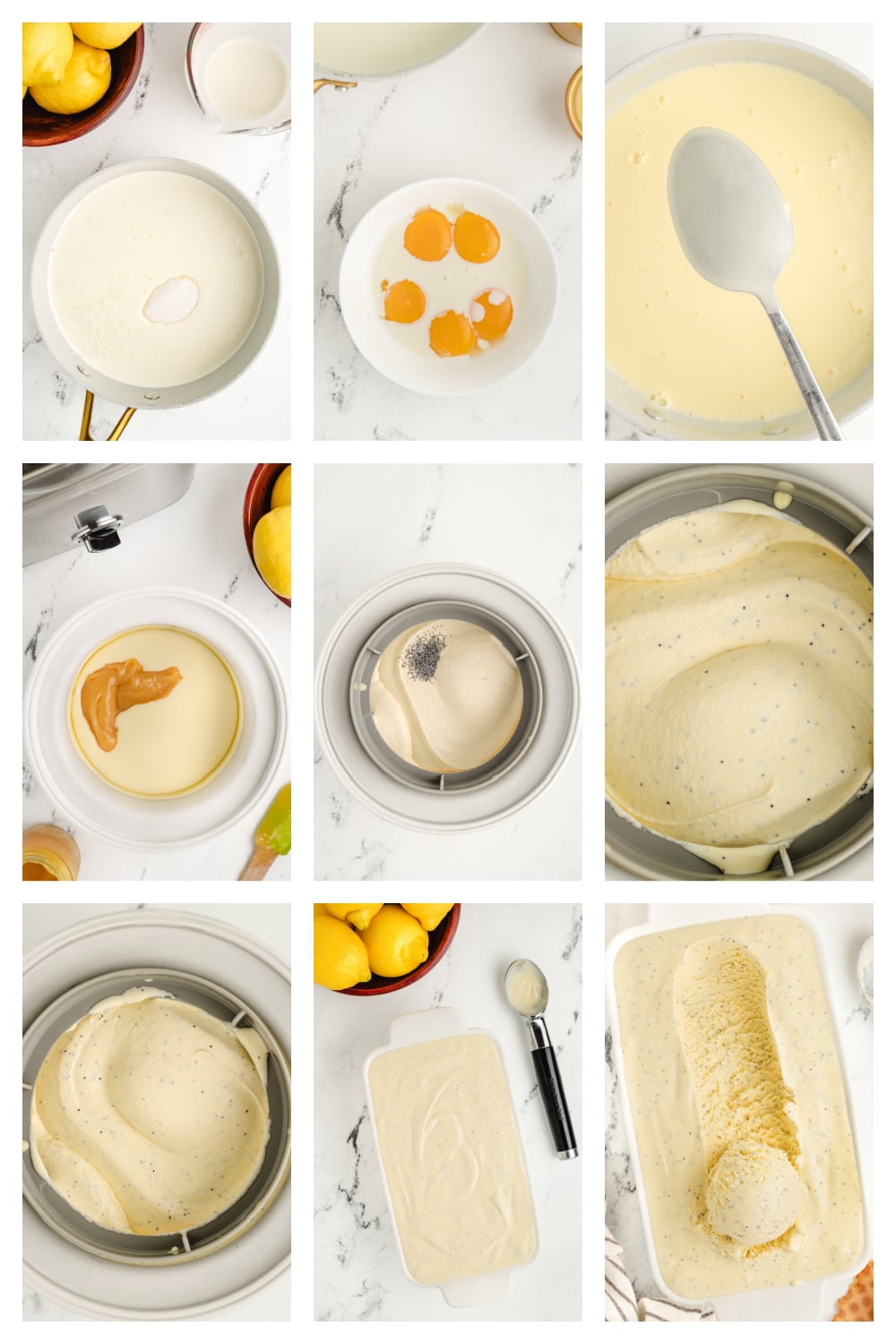 How to Make Lemon Poppy Seed Ice Cream – Step-by-Step Step-by-step process collage for making lemon poppy seed ice cream with custard, curd, and poppy seeds