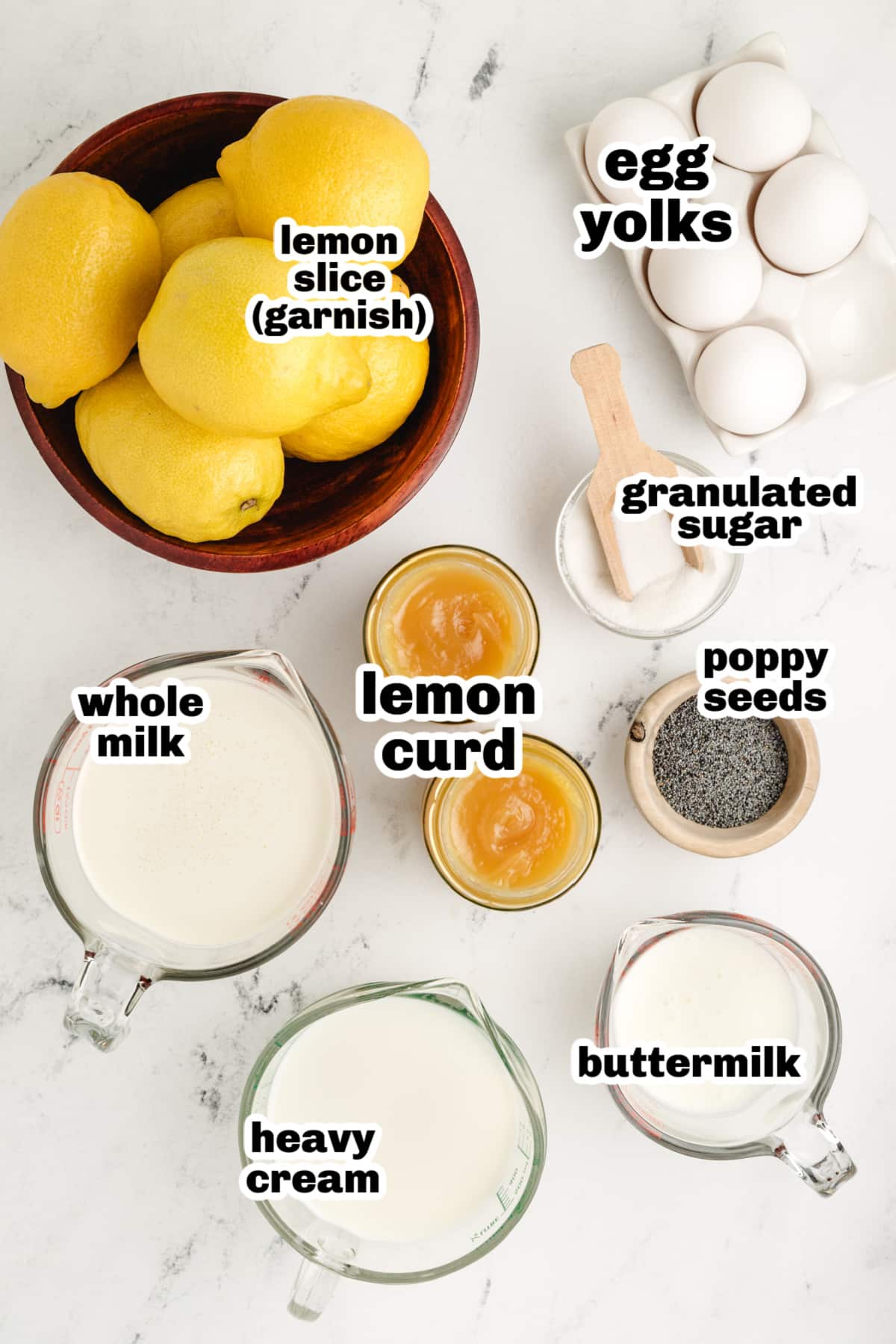 Lemon Poppy Seed Ice Cream Ingredients – Lemon Curd, Buttermilk, and More Labeled ingredients for lemon poppy seed ice cream including lemon curd, buttermilk, and poppy seeds
