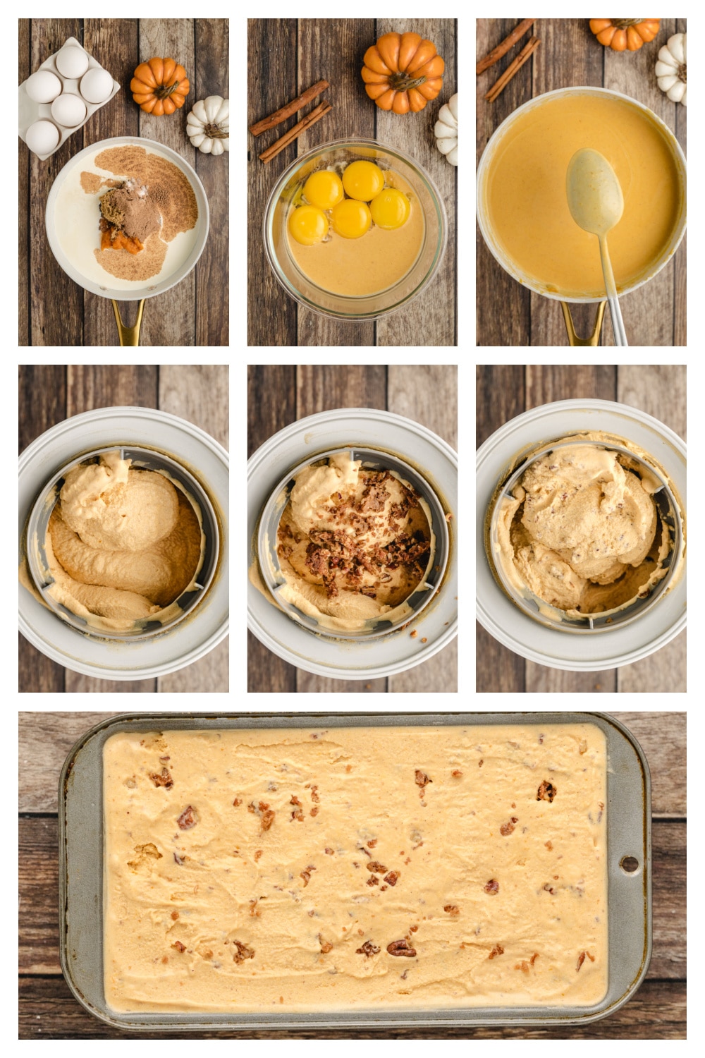 How to Make Pumpkin Brown Sugar Crunch Ice Cream Step-by-step collage showing how to make Pumpkin Brown Sugar Crunch Ice Cream, from whisking pumpkin custard and tempering egg yolks to churning the ice cream and folding in baked streusel.