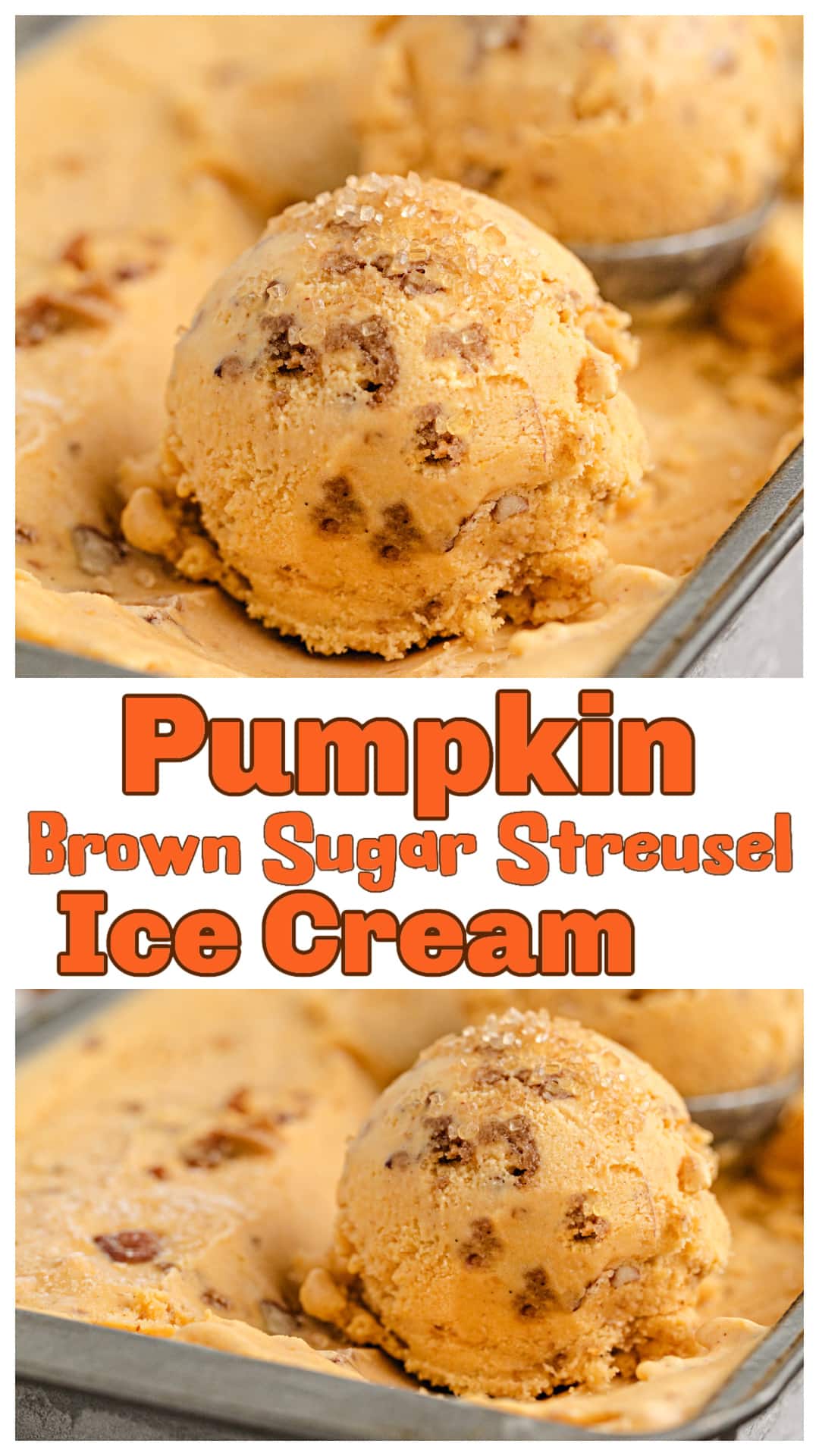 Pumpkin Brown Sugar Crunch Ice Cream is a homemade custard ice cream made with pumpkin purée, dark brown sugar, buttermilk, and pumpkin pie spice. The brown sugar pecan streusel is baked separately, then added during churning so the buttery pecans are mixed throughout the ice cream. Buttermilk keeps the sweetness from overwhelming the pumpkin, while the streusel softens slightly in the freezer. A homemade fall ice cream recipe for Thanksgiving dessert or anyone who loves pumpkin. via @cmpollak1