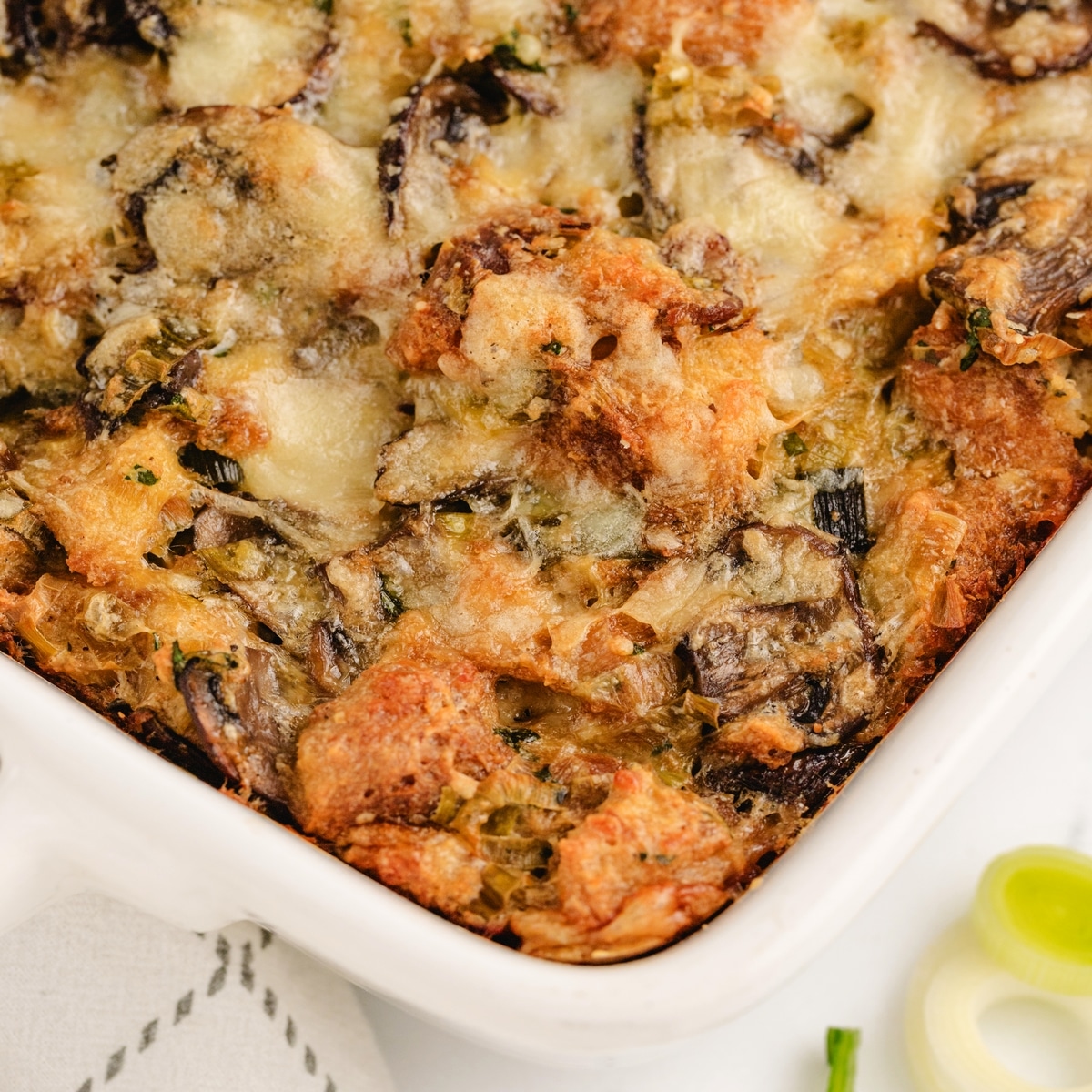 mushroom and leek bread pudding