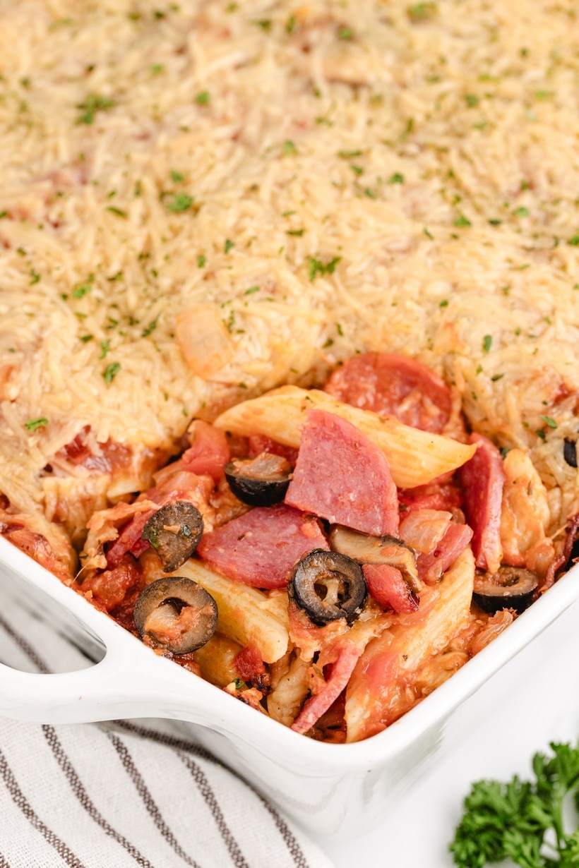 I'm up for pizza in any guise and this Pizza Casserole is a great option. Opting for pasta as a substitute for the base, rather than traditional pizza dough, offers a speedy solution—quicker than DIY or probably even waiting for a delivery. With just a handful of ingredients, pizza night gets a unique twist without sacrificing the deliciousness. pizza pasta bake