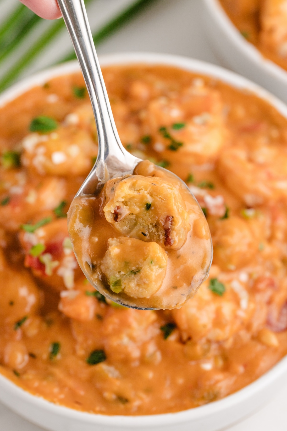 soup and dumplings in a spoon