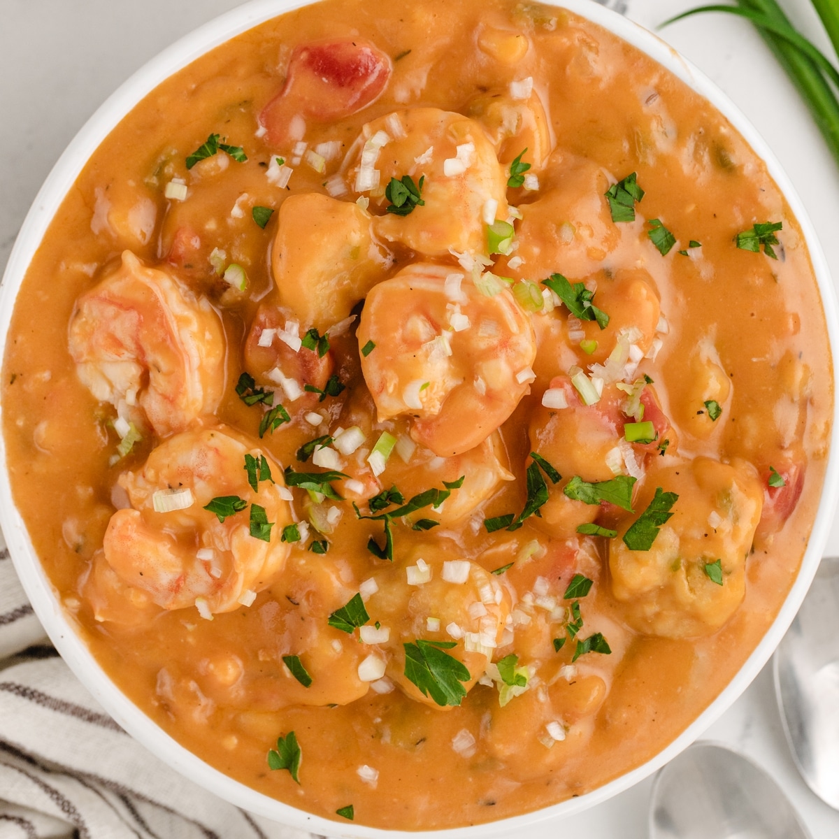 Creamy Shrimp Creole Soup with Bacon-Cornmeal Dumplings