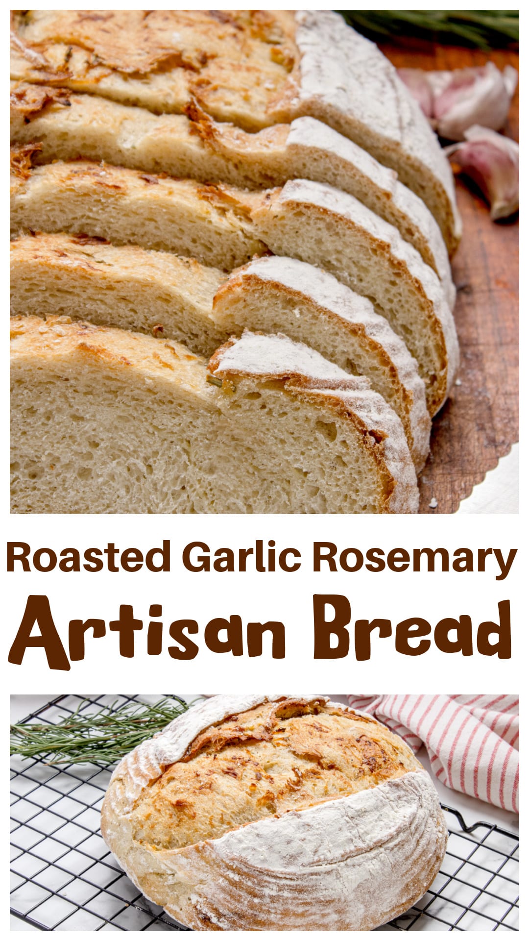 This roasted garlic rosemary artisan bread folds roasted garlic directly into the loaf instead of mixing it into the dough. The result is a chewy artisan crumb, crisp crackly crust, and pockets of roasted garlic layered through every slice. Baked in a Dutch oven for bakery-style texture, this homemade rosemary bread is perfect with butter, soup, pasta, or a cheese board. An easy artisan bread recipe with real flavor, rustic texture, and a golden crust. via @cmpollak1