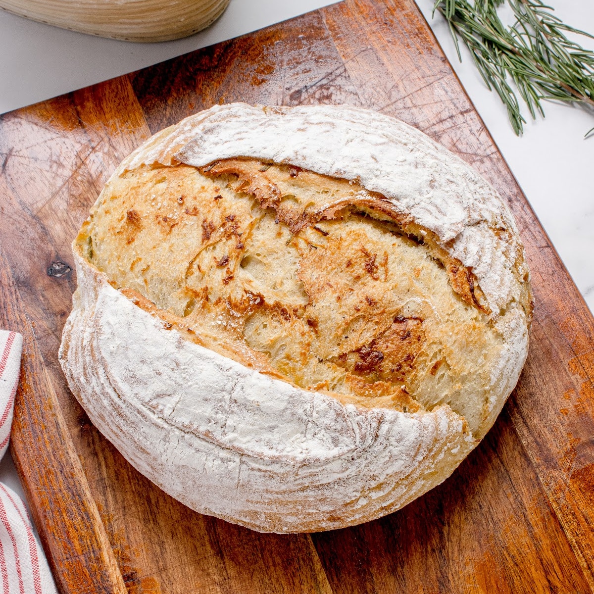 Roasted garlic rosemary artisan bread baked until golden brown with a rustic artisan crust