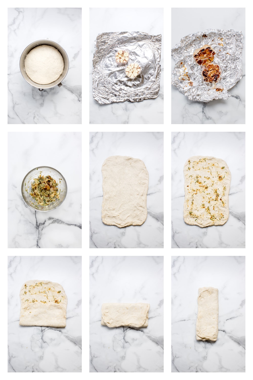 Roasted garlic bread process collage Process collage showing roasted garlic rosemary artisan bread dough shaping, folding, proofing, and baking steps