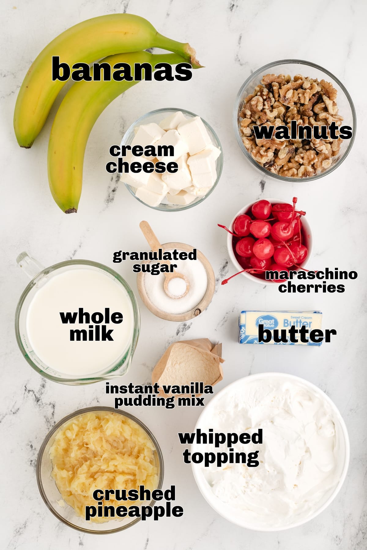 These No-Bake Banana Split "Cakes" are streamlined into cute, individual portions. Perfect for your next gathering—easy to serve, no oven needed, and just the right amount of sweetness. ingredients