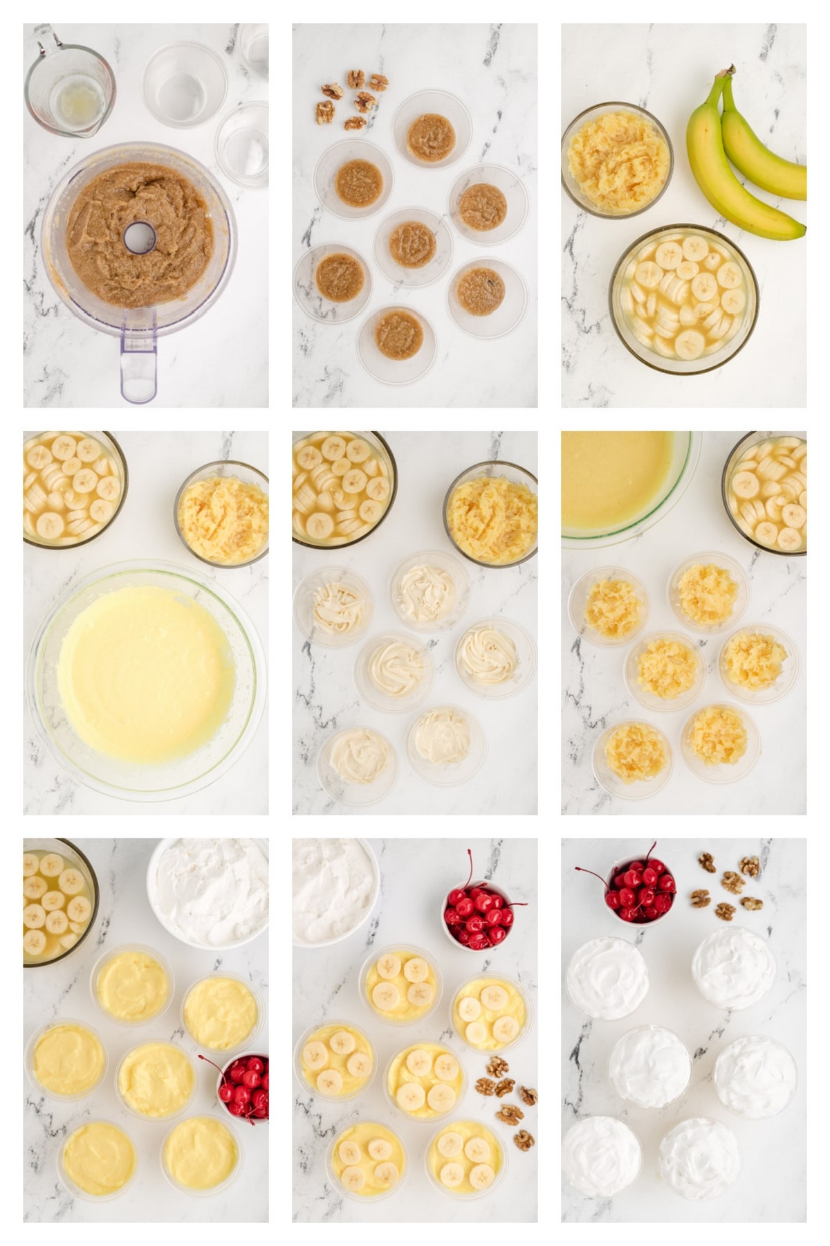 These No-Bake Banana Split "Cakes" are streamlined into cute, individual portions. Perfect for your next gathering—easy to serve, no oven needed, and just the right amount of sweetness. how to make banana split icebox cake