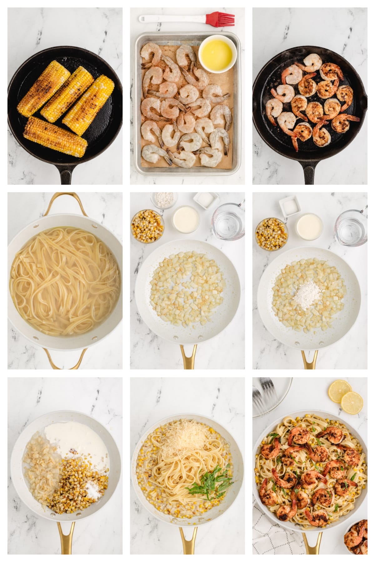 Step-by-step images of making blackened shrimp pasta with corn and cream sauce.