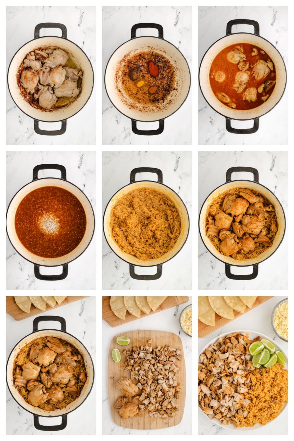 Chicken Paprikash Tacos step by step process A step-by-step collage showing the process of making tacos from browning chicken, adding spices, to assembling tacos with cheese and avocado.