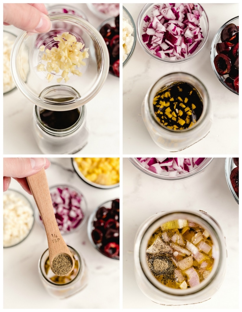making vinaigrette for cherry corn salad Step-by-step assembly of vinaigrette with garlic, shallot, and white pepper in a mason jar.