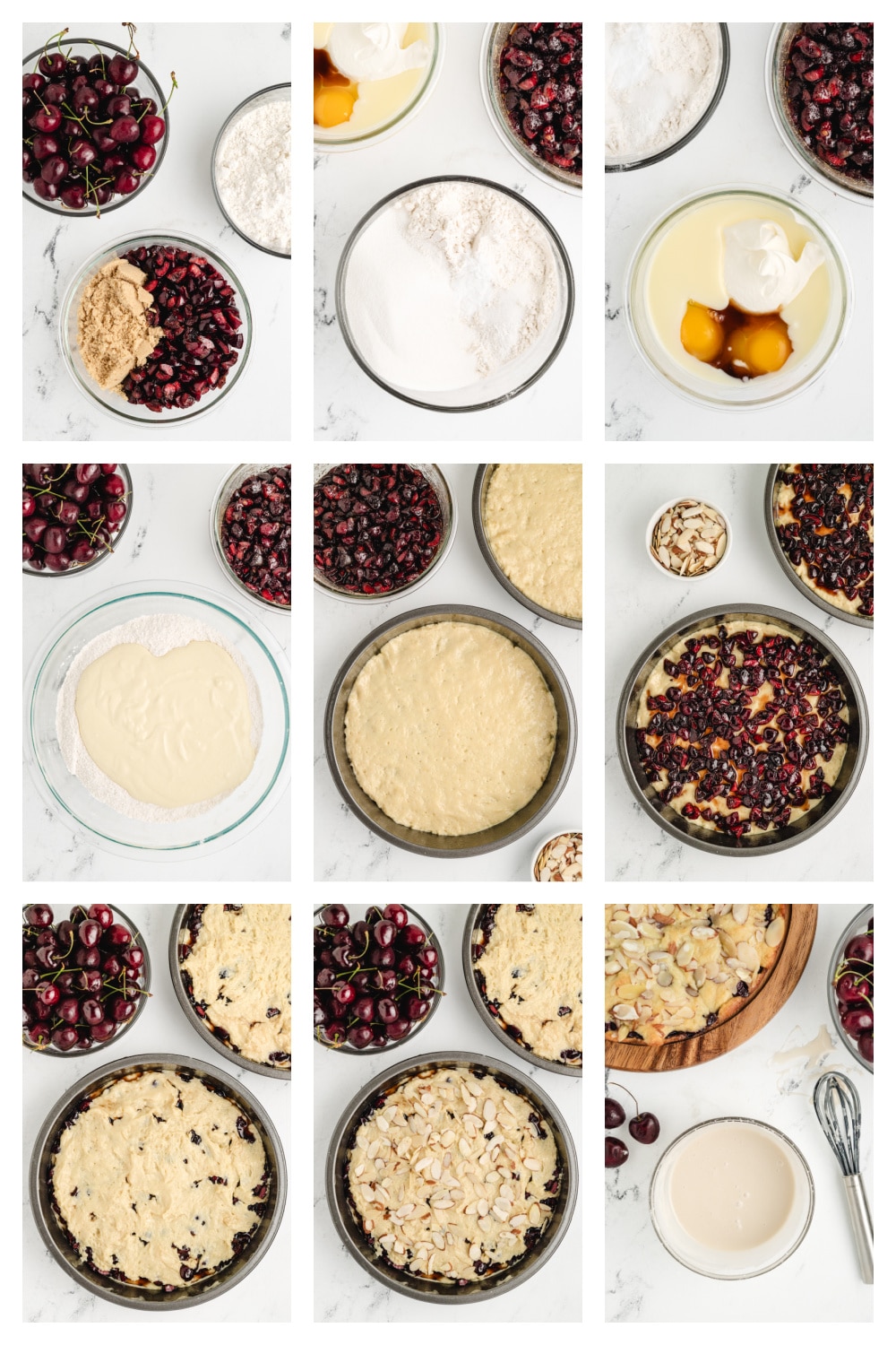 How to Make Cherry Almond Coffee Cake Step-by-Step Step-by-step photo grid showing how to make cherry almond coffee cake from mixing to baking
