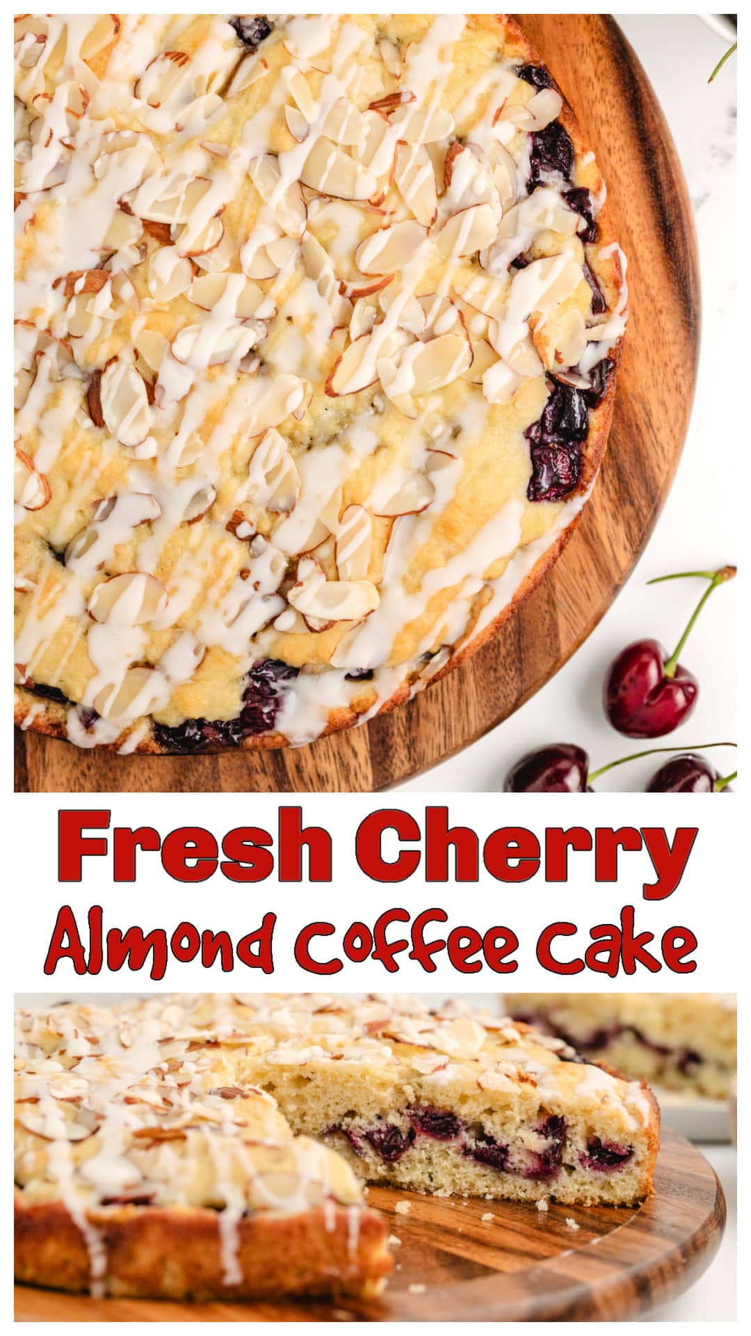 This cherry almond coffee cake is soft, packed with fresh cherries, and finished with a sweet almond crunch. Made with sour cream for a tender crumb, it’s perfect for breakfast, brunch, or a snack with coffee. The recipe makes two 8-inch cakes—one to keep, one to freeze or share. A fresh cherry coffee cake recipe that actually lets the fruit shine. via @cmpollak1
