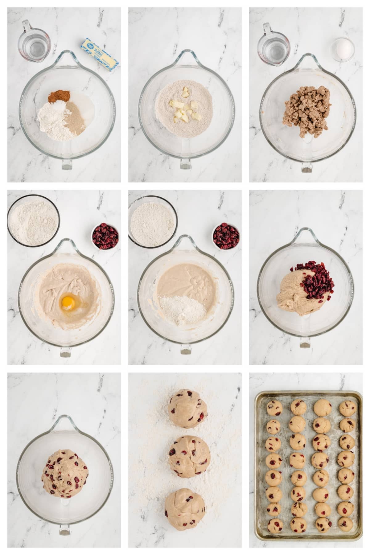 Step-by-step process for making cinnamon-cranberry dinner rolls. Step-by-step collage showing the process of making cinnamon-cranberry dinner rolls, from mixing the dough to shaping and baking.
