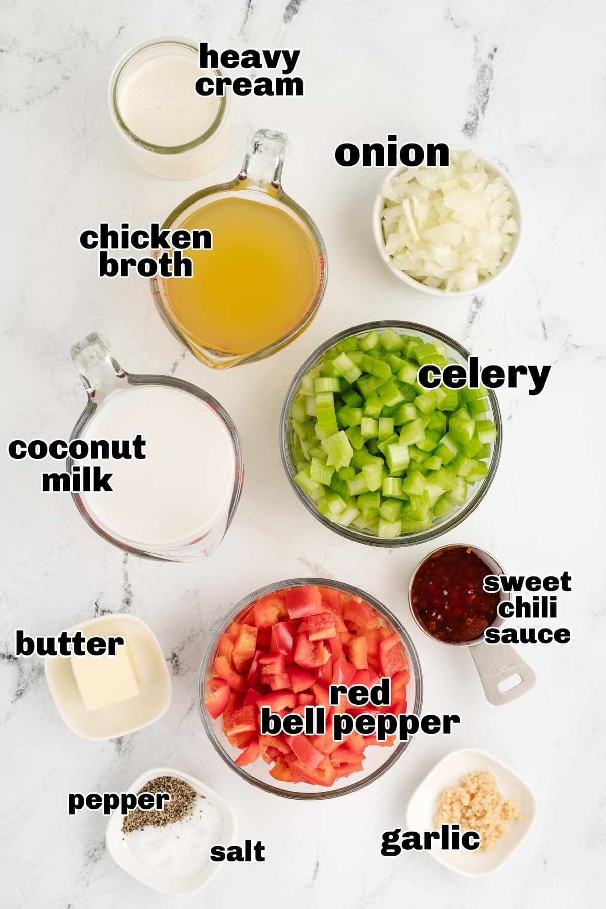 A comforting, smooth red pepper coconut soup ingredients. recipe ingredients on the countertop