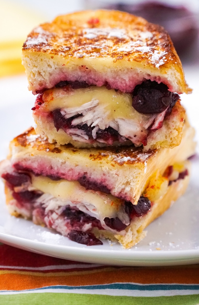 Leftover Turkey Monte Cristo Sandwiches sliced in half.