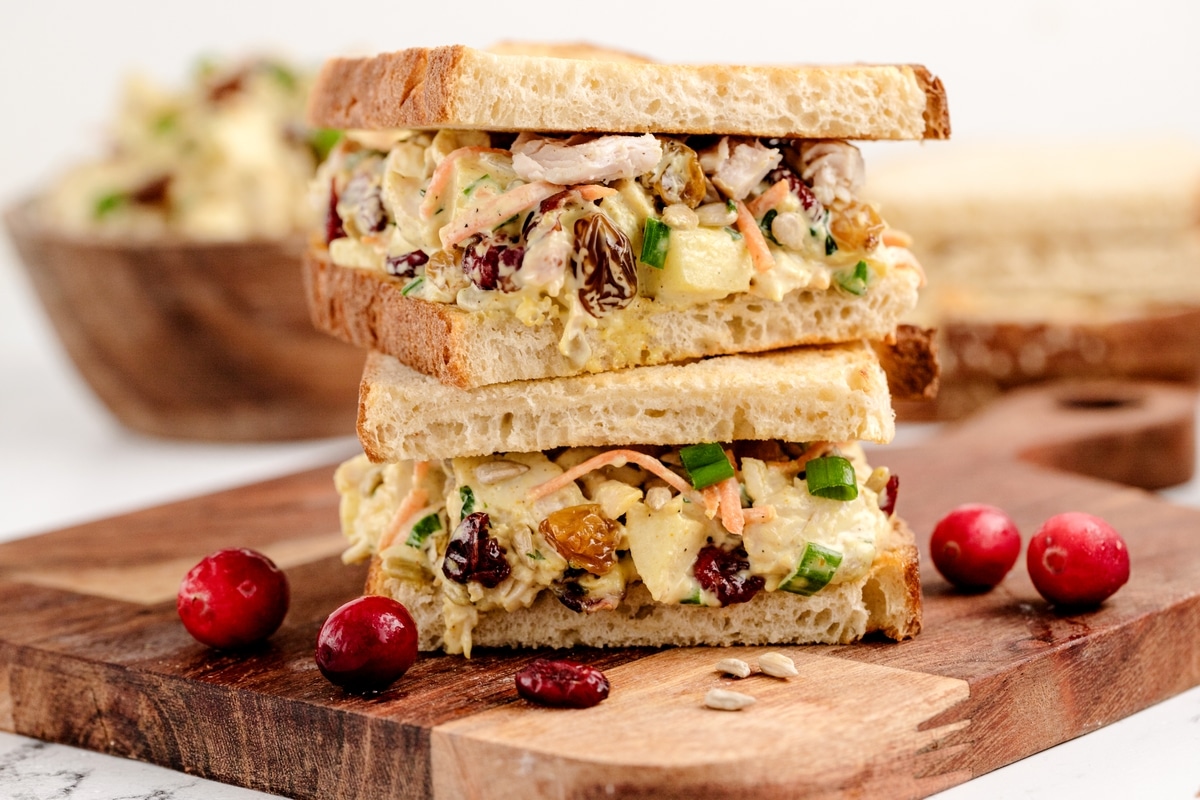 Curried Turkey Salad Sandwich stack. A Double stack of leftover turkey salad sandwiches.