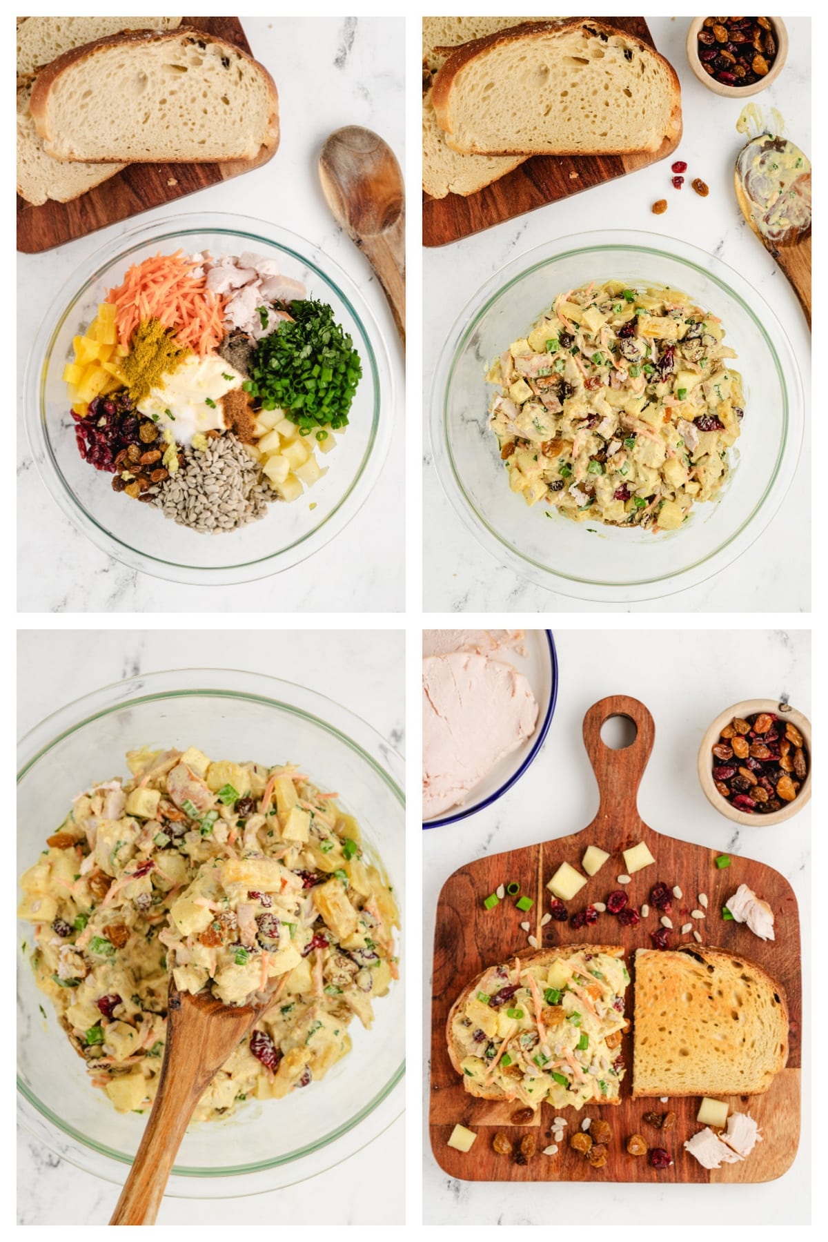 Step-by-step process of Curried Turkey Salad Sandwiches. Step-by-step collage of how to make leftover turkey sandwiches with curry.