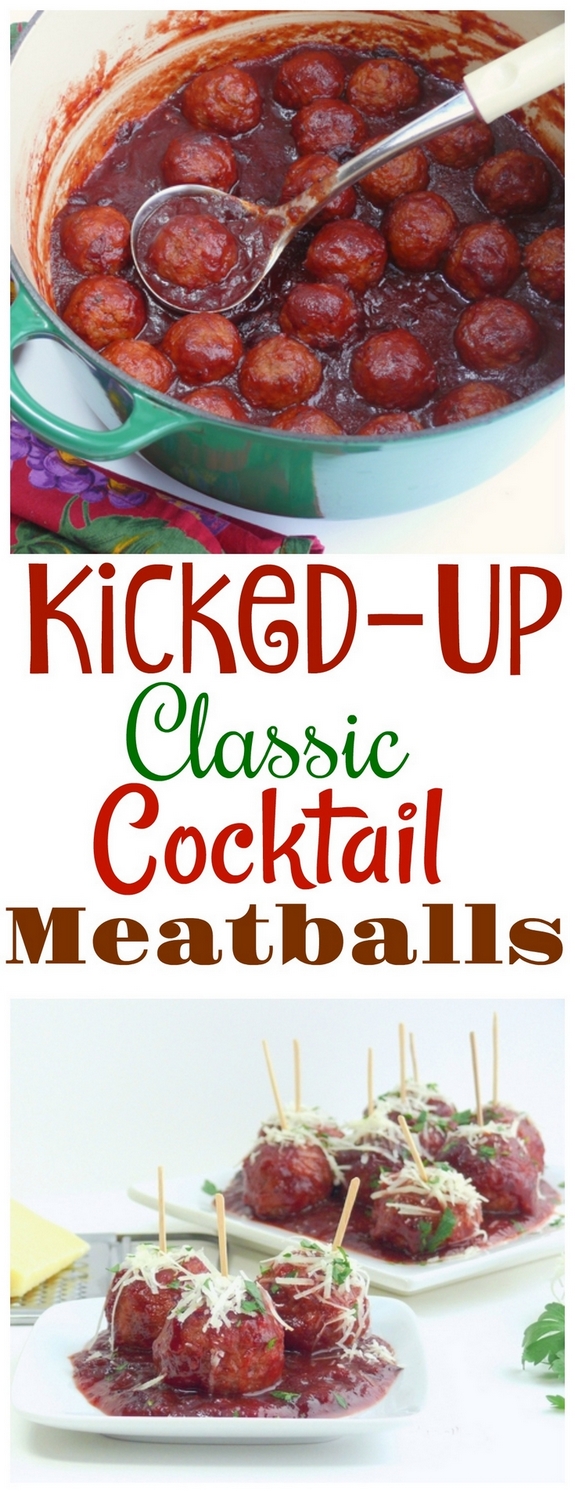 These Kicked-Up Classic Cocktail Meatballs are the perfect balance of sweet, spice and heat. Everyone will be reaching for seconds and thirds. Can be made on the stove-top or in the slow cooker, from NoblePig.com. via @cmpollak1