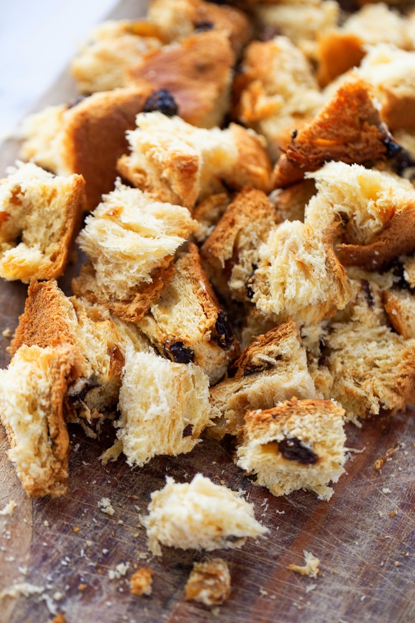 Panettone bread cut into chunks for French toast casserole.