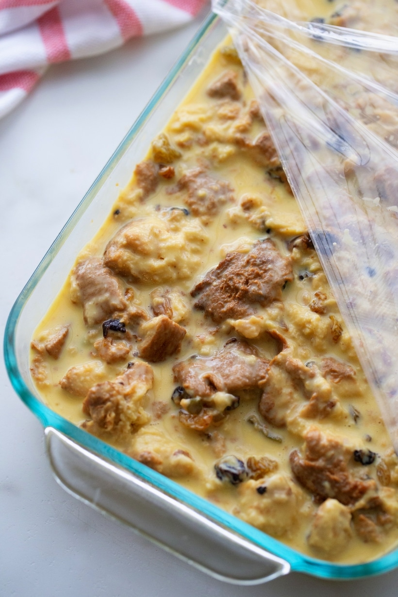 All ingredients in a baking dish, ready to soak overnight.