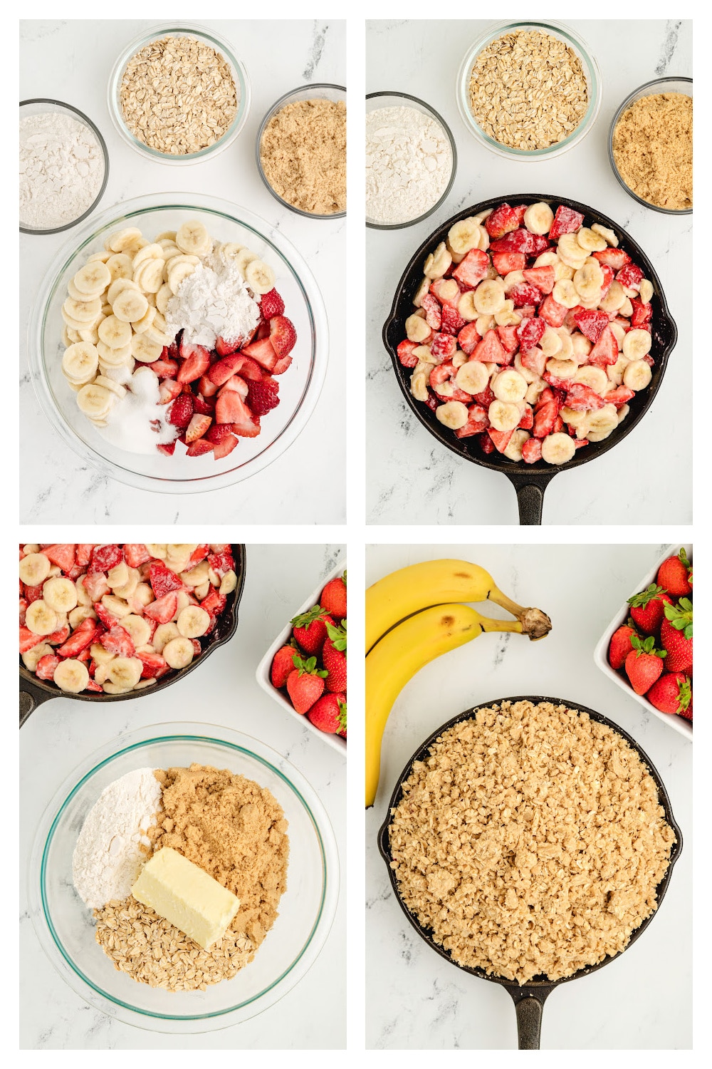 How to make strawberry banana crumble with fresh ingredients Step-by-step images showing how to assemble a strawberry banana crumble with oats and fresh fruit.