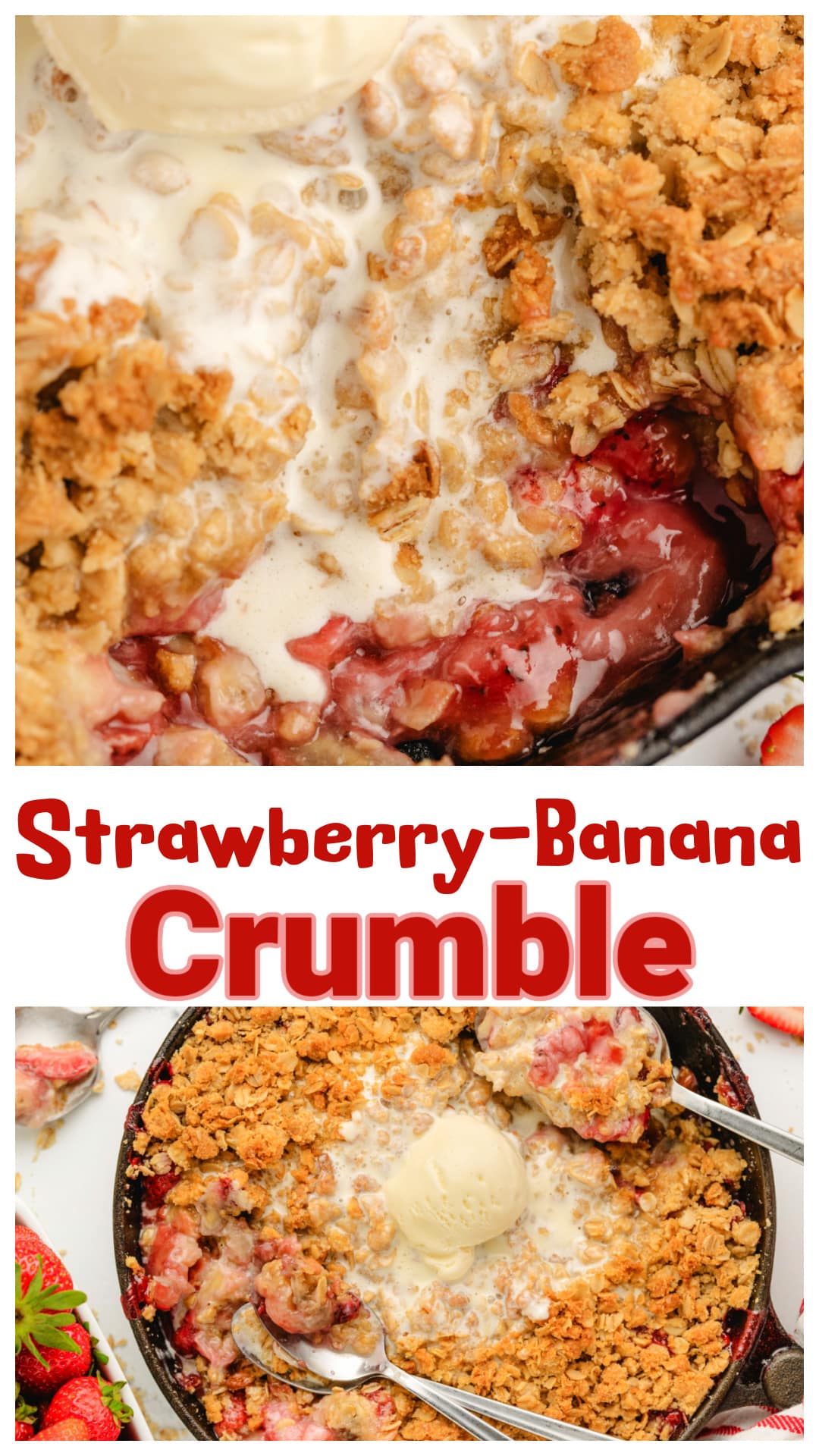 You’ll crave this Strawberry-Banana Crumble. An easy summer recipe with sweet strawberries and bananas under a crispy oat topping. It’s solid comfort food, good any time of year. Serve it warm with vanilla ice cream. This homemade strawberry banana crisp-style dessert recipe uses fresh fruit and is ready for your table. via @cmpollak1