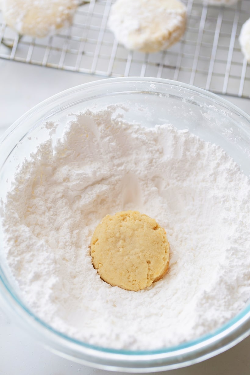 A sweet butter, meltaway cookie, made with crunchy Panko breadcrumbs. The addition of Panko brings a distinct texture to these cookies that would otherwise simply melt in your mouth. A bowl of powdered sugar with a panko cookie sitting in it ready to be coated.