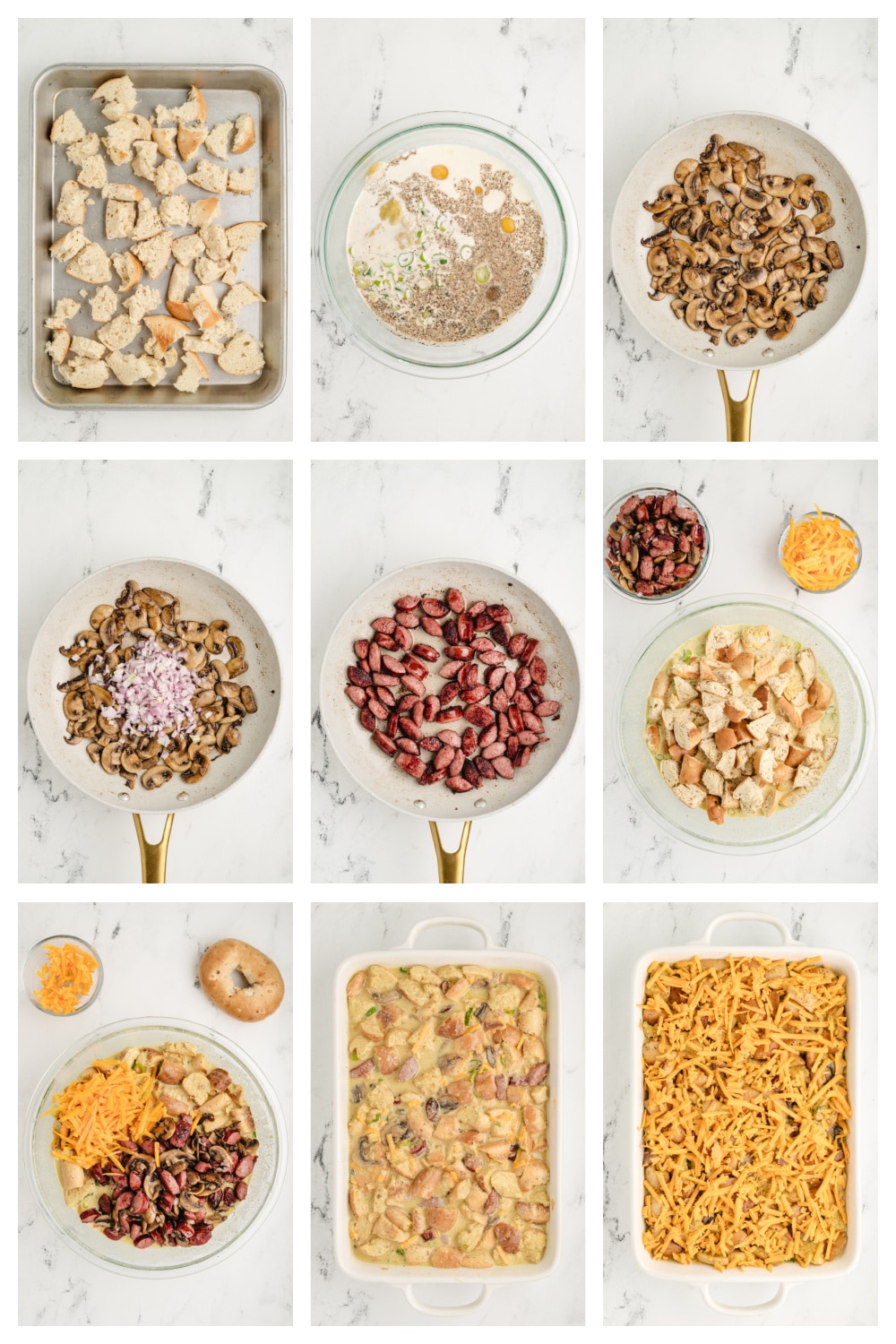 Step-by-step photos showing how to make an overnight bagel breakfast casserole.