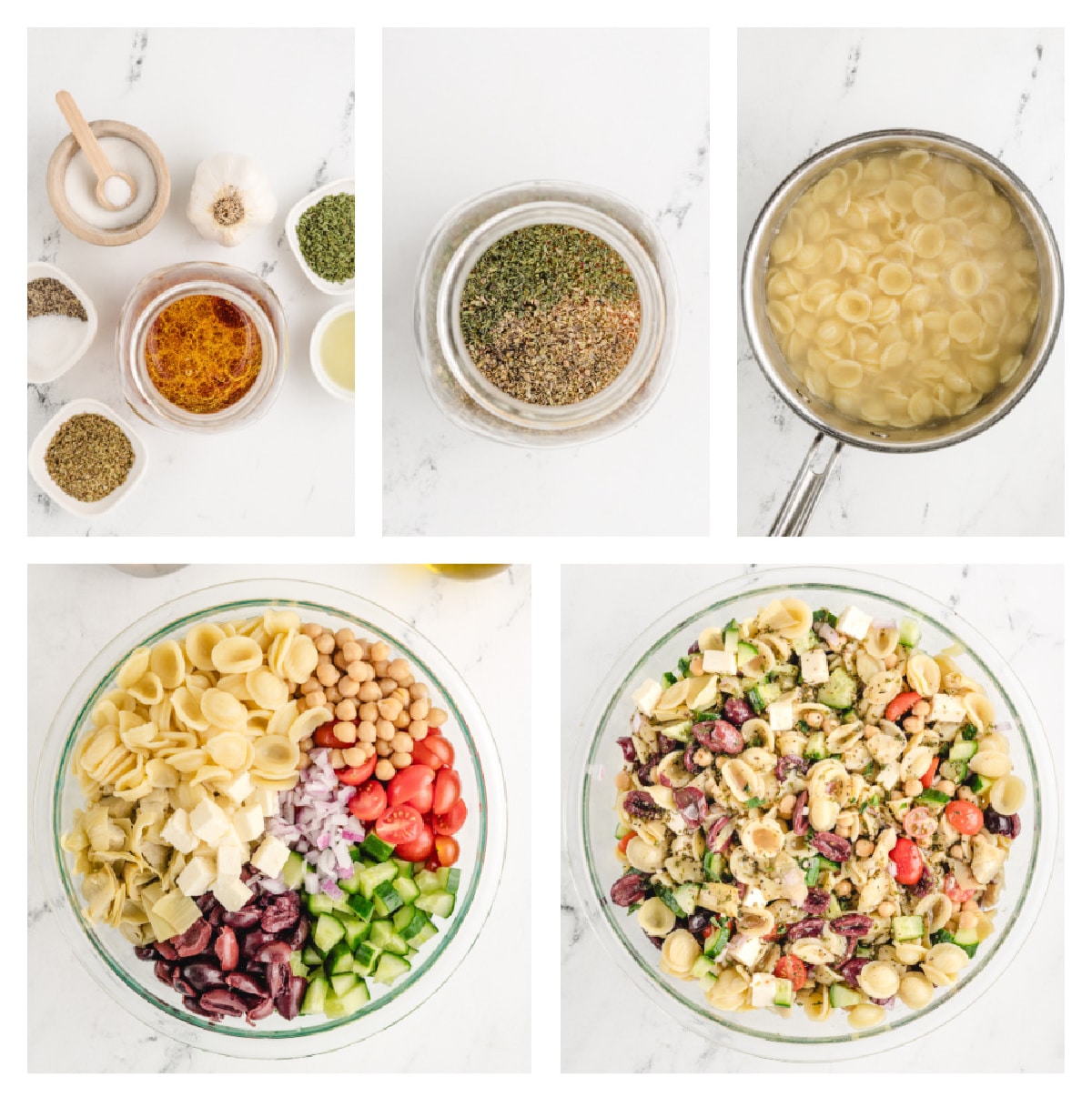 How to make Greek Pasta Salad A series of images showing the process of making pasta salad, from cooking pasta to mixing in the dressing and toppings.