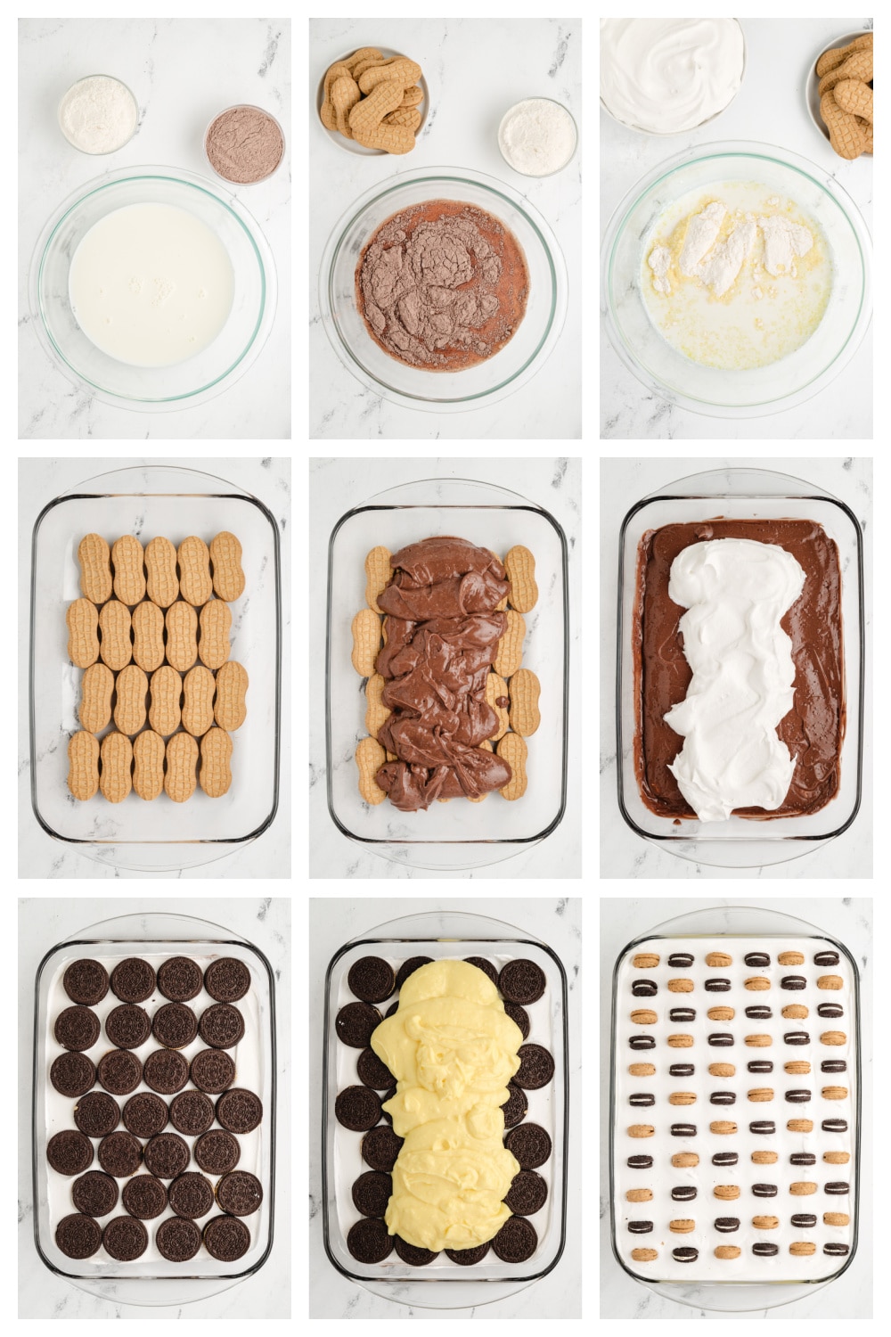 Layering peanut butter Oreo and Nutter Butter dessert with pudding and whipped topping Step-by-step layers of chocolate pudding, cookies, and whipped topping for peanut butter Oreo icebox cake