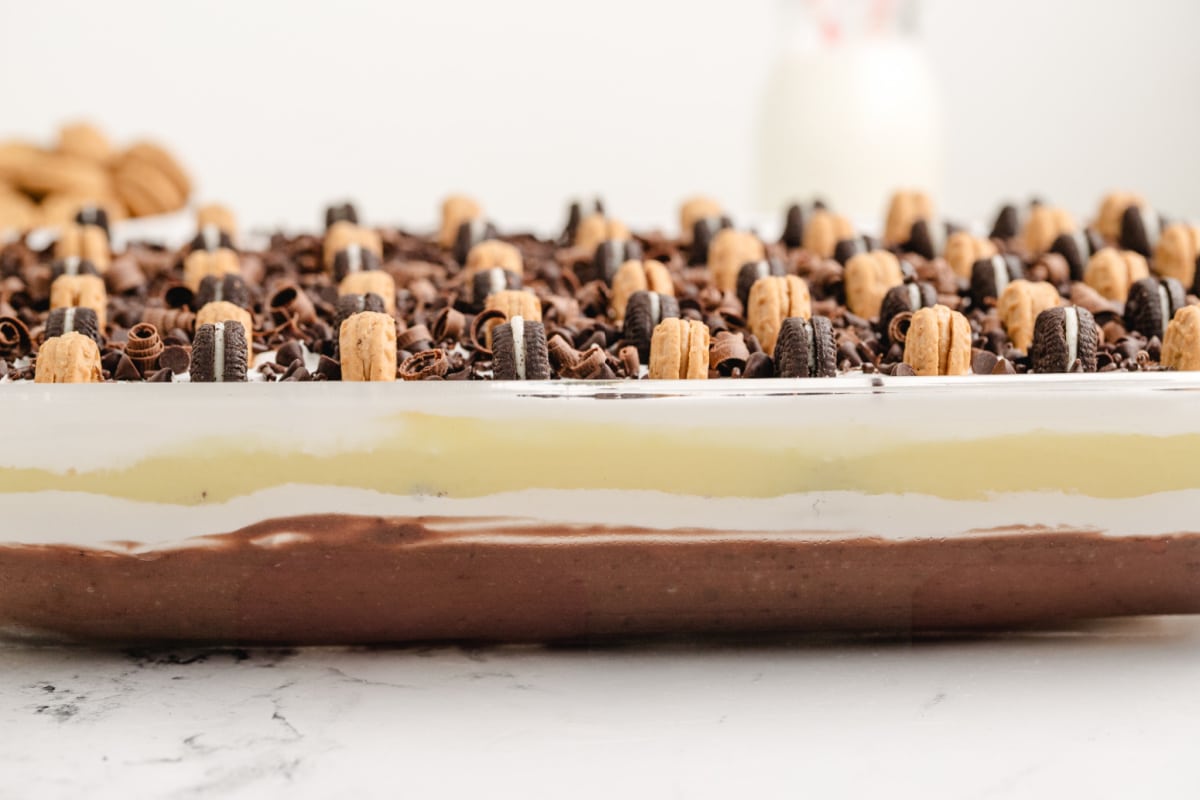 Layered peanut butter pudding dessert in a 9x13 dish with Nutter Butters and Oreos Side view of chilled icebox cake with visible pudding layers and cookie base