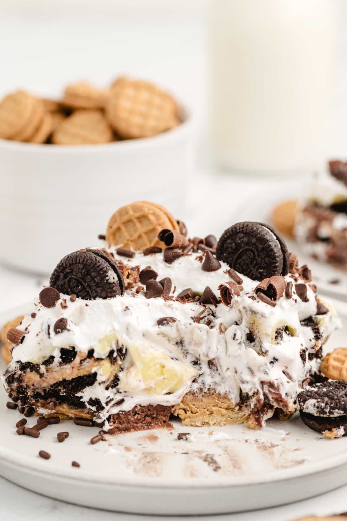 Creamy, chilled peanut butter Oreo dessert with Nutter Butters and chocolate chips Messy slice of peanut butter chocolate dessert with soft layers and crunchy topping