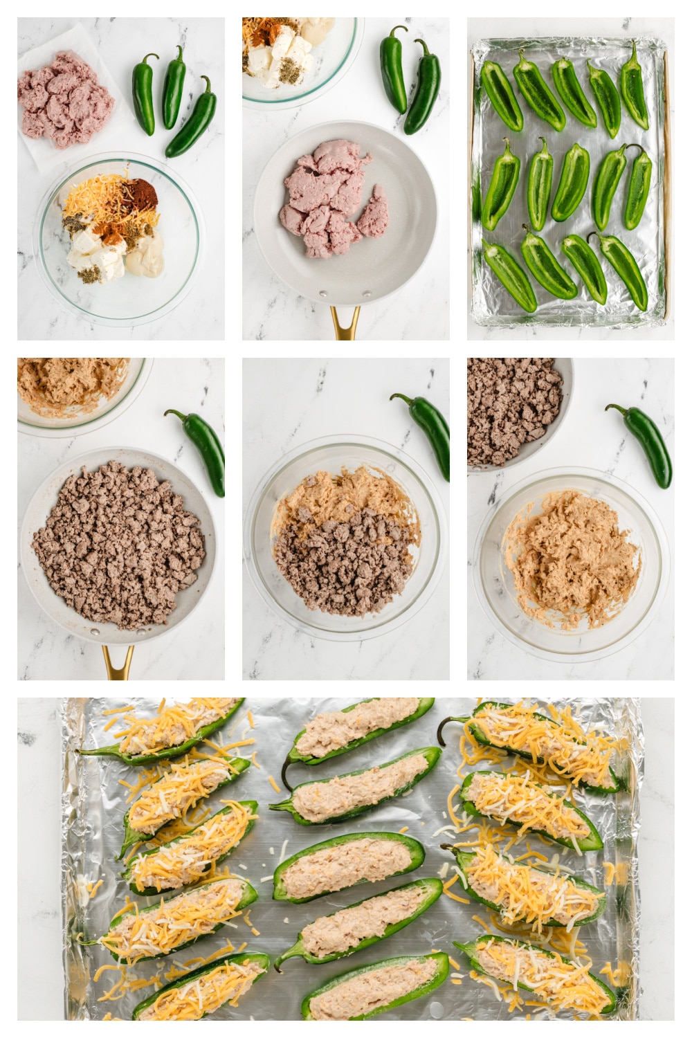 How to prepare Ground Turkey Stuffed Jalapenos Step-by-step collage showing the process of preparing jalapeños, mixing the filling, stuffing them, and baking until golden.