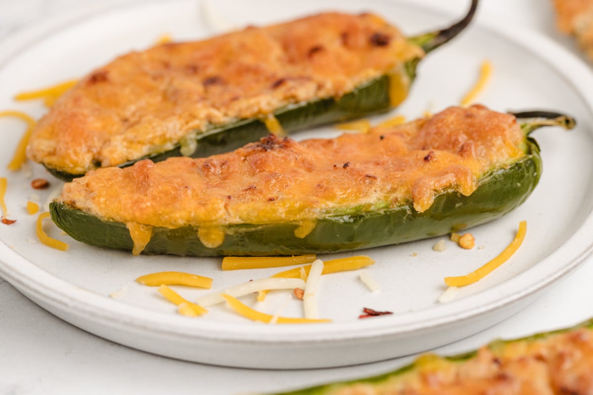Ground Turkey Stuffed Jalapenos Platter of cheesy stuffed jalapeños, ready to serve as a game day appetizer.