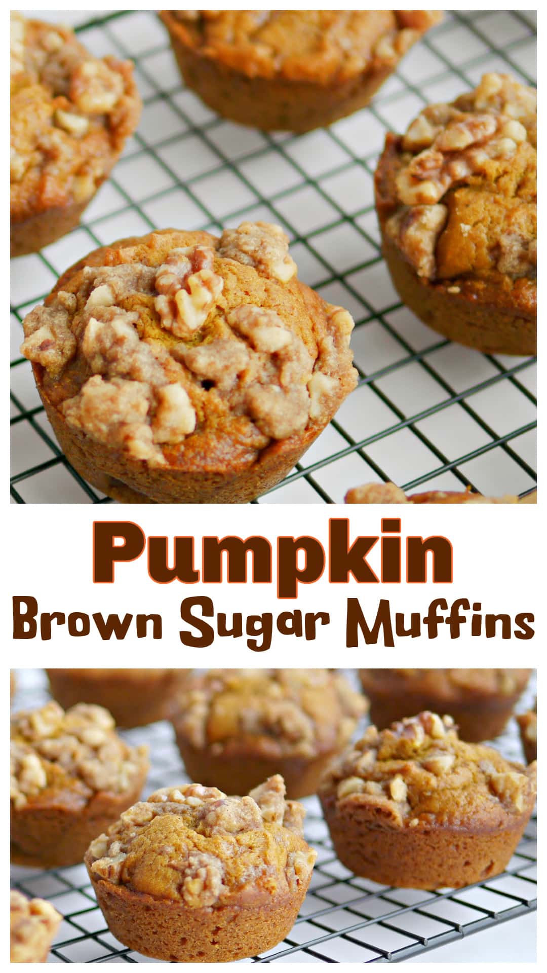 Pumpkin brown sugar muffins baked with real pumpkin purée, warm spice, and a walnut crumble topping. Soft in the middle and golden on top, these muffins highlight the flavor depth that comes from brown sugar instead of white. An easy fall bake that keeps its texture days later. Perfect for coffee mornings or brunch. Keywords: pumpkin brown sugar muffins, fall baking, pumpkin muffins from scratch, brown sugar crumble muffins. via @cmpollak1