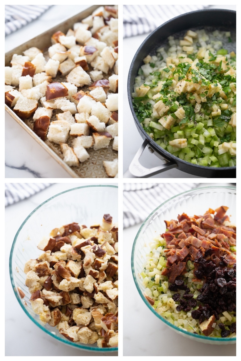 Collage showing steps to prepare pretzel bread stuffing: drying bread cubes, sautéing vegetables, mixing ingredients, and filling baking dish.