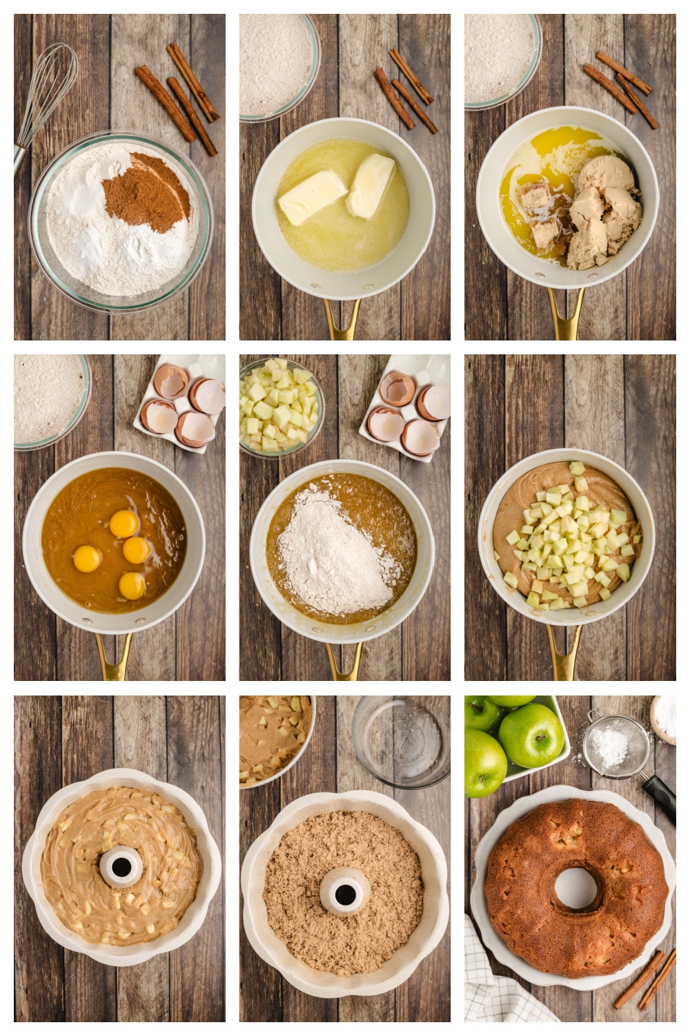 Step by step collage showing how to make brown sugar cinnamon apple bundt cake with apples, batter, and swirl
