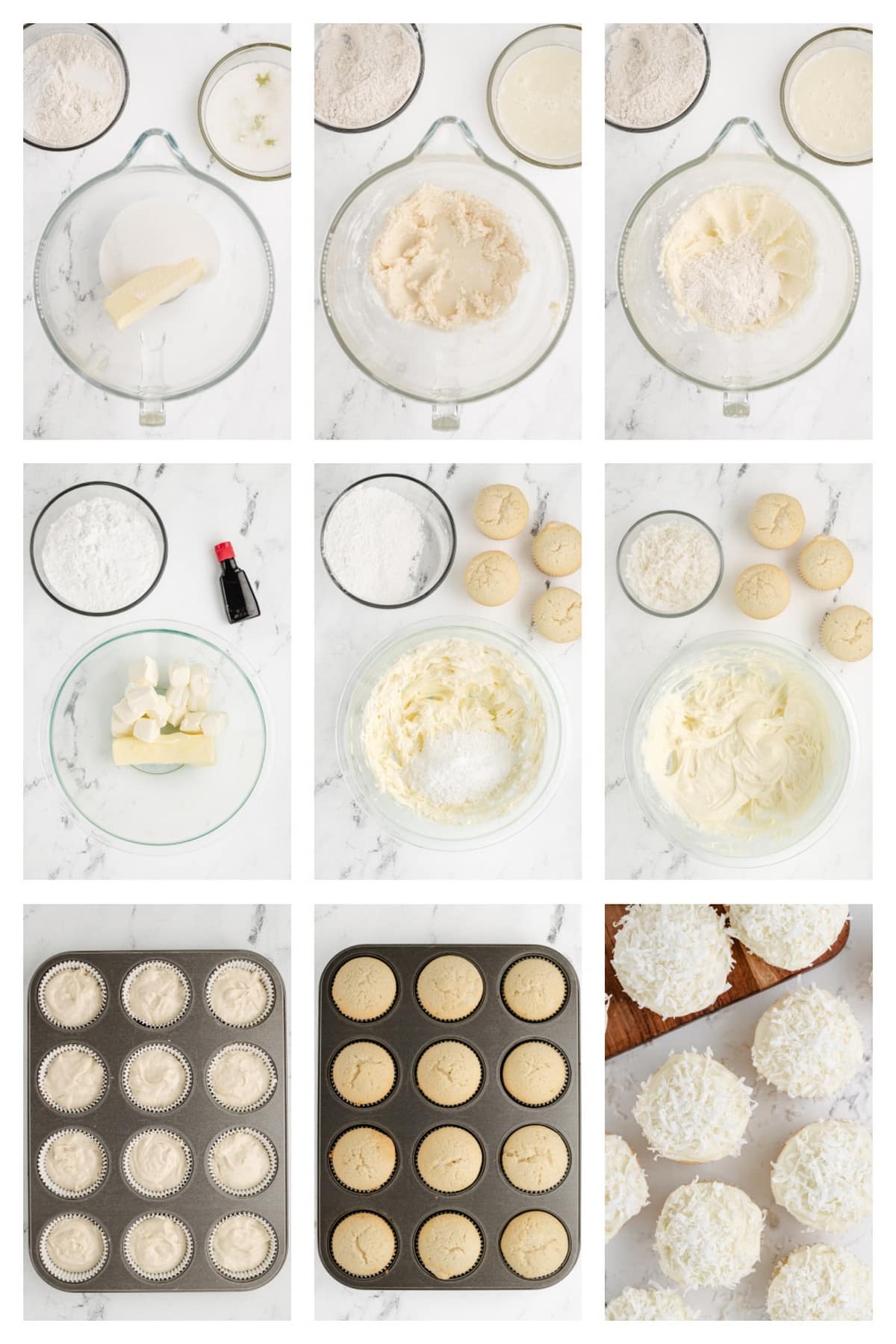 Coconut Cupcakes with Coconut Cream Cheese Frosting step by step. Step-by-step collage showing the process of making cupcakes from mixing ingredients to frosting with coconut cream cheese frosting.