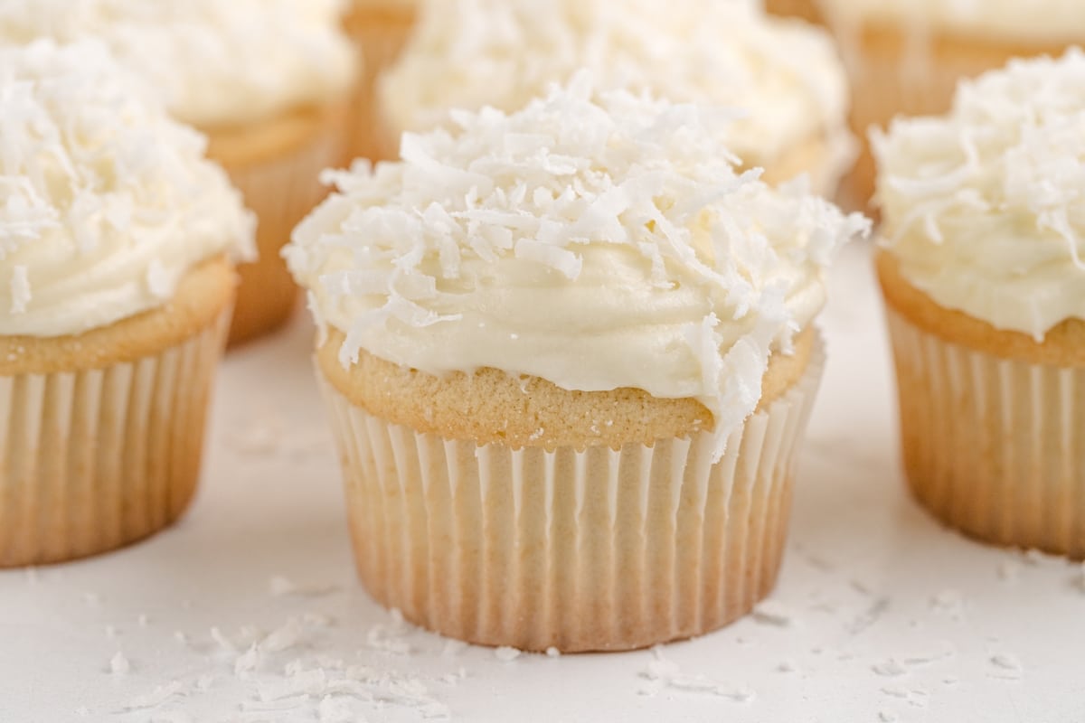 A group of Coconut Cupcakes with Coconut Cream Cheese Frosting A coconut cupcakes with coconut cream cheese frosting, perfect for any celebration.