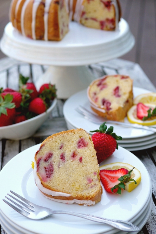 This from scratch Strawberry Lemon Cream Cheese Pound Cake is a deliciously rich cake that is not overly sweet. I've incorporated cream cheese, which is unusual for pound cake. The cream cheese gives the cake a springy crumb texture, richness and tenderness, while keeping the cake moist for several days. It is the perfect choice for strawberry season. via @cmpollak1